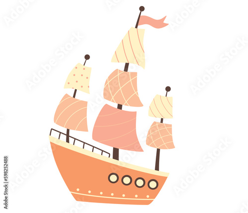 Ship with sails. Sailing vessel, sea mode of transport. Children illustration for design of  rooms, clothing, textiles. Vector hand draw illustration isolated on the white background. 