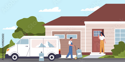 Water delivery service. Worker delivers plastic bottle of drinking water for cooler, truck near house, courier unloading and moving, cartoon flat isolated illustration, nowaday vector concept