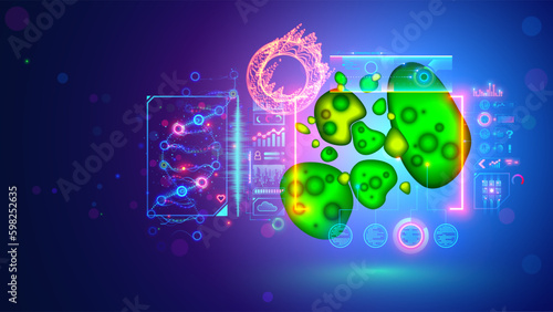 Bacteria cell in microscope with medical tech interface. Analysis DNA of biology cell. Computer diagnostic in medicine and science. Bacteria cell macro view. Data on biology lab computer interface.