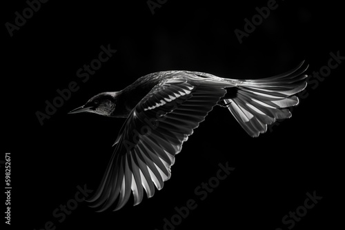 A bird in mid-flight, captured in black and whit