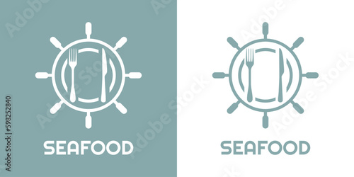 Logo restaurante con texto Seafood con silueta de cubiertos en timón de barco