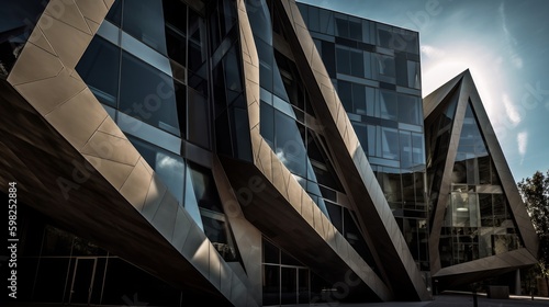 The play of light and shadow on the angular forms of building creates an ever-changing visual spectacle. AI generated