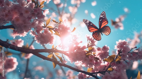 Butterfly on the peach flowers Generative AI © Faraz
