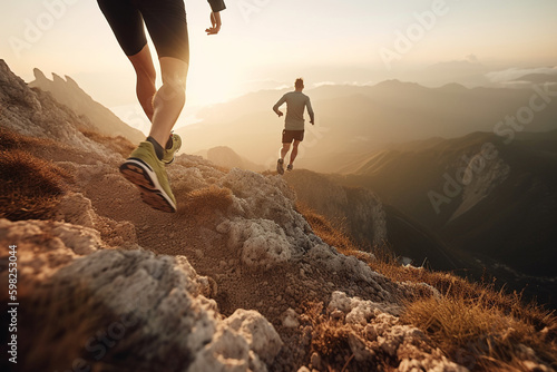 A close-up shot of the sport shoes worn by mountain runners during an outdoor adventure. Ai generated.