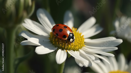 A tiny ladybug on a white daisy flower - Generative AI