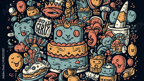 Colorful Hand-Drawn Doodles of a Cute Cartoon Cake Background - Generative AI