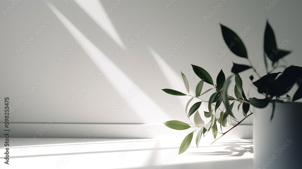 Minimalistic light background with plants on a white wall - AI Generated Minimalistic light background with plants on a white wall - AI Generated
