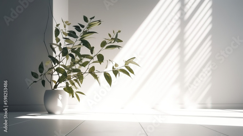 Minimalistic light background with plants on a white wall - AI Generated