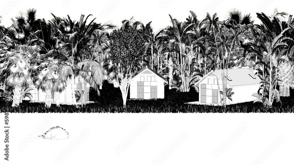 house in the jungle on the river bank, sketch, outline illustration, cg render