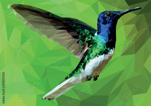 Hand drawn hummingbird in mosaic or stained glass style. Image on a mosaic background. Vector illustration for use in prints for clothing, polygraphy, postcards.