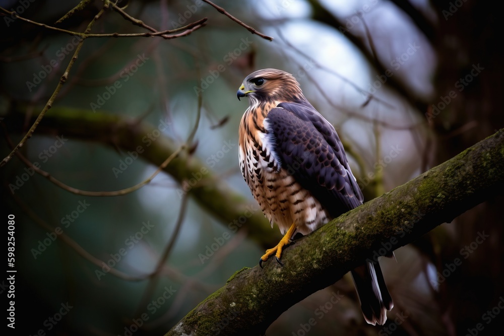 A bird of prey, such as a hawk, perched on a tree branc A bird of prey, such as a hawk, perched on a tree branc