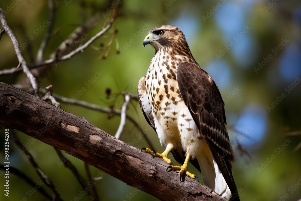 A bird of prey, such as a hawk, perched on a tree branc A bird of prey, such as a hawk, perched on a tree branc