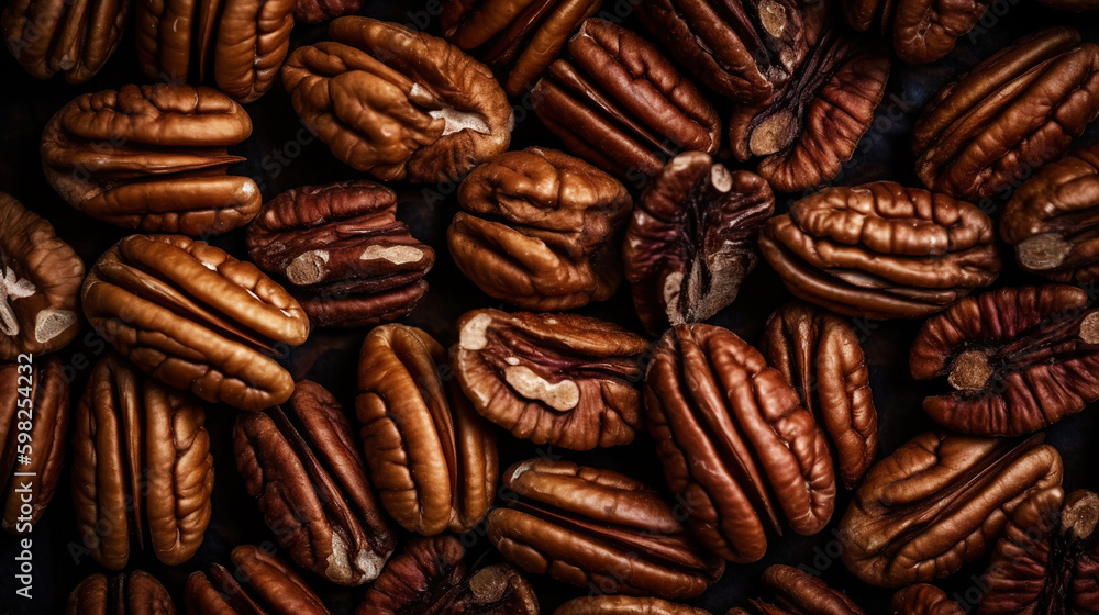 Dry organic Pecan Nuts top view background. Healthy nuts. Generative AI Dry organic Pecan Nuts top view background. Healthy nuts. Generative AI