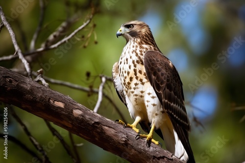 A bird of prey, such as a hawk, perched on a tree branc