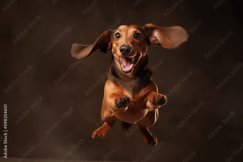 Very Happy Cheerful Dog Dachshund In Jumping, In Flight On Light Brown Background Full Body, Wide Angle, Studio Photo. Generative AI