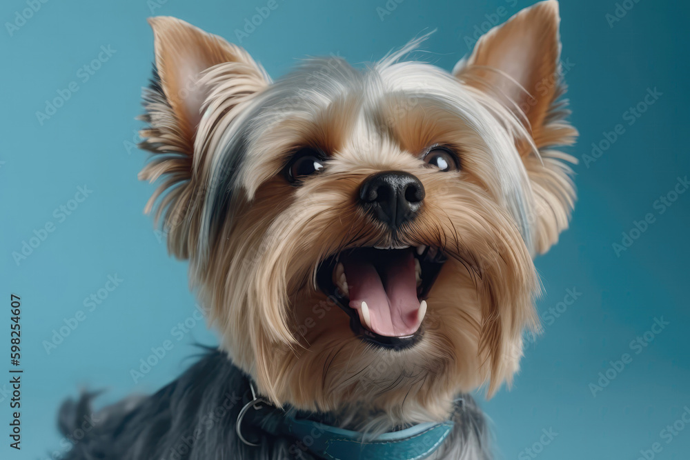 Very Happy Cheerful Dog Yorkshire Terrier On Light Blue Background. Generative AI
