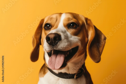Very Happy Cheerful Dog Beagle On Light Yellow Background. Generative AI