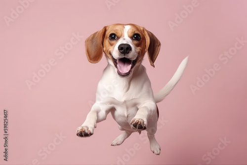 Very Happy Cheerful Dog Beagle In Jumping, In Flight On Light Pink Background Full Body, Wide Angle. Generative AI
