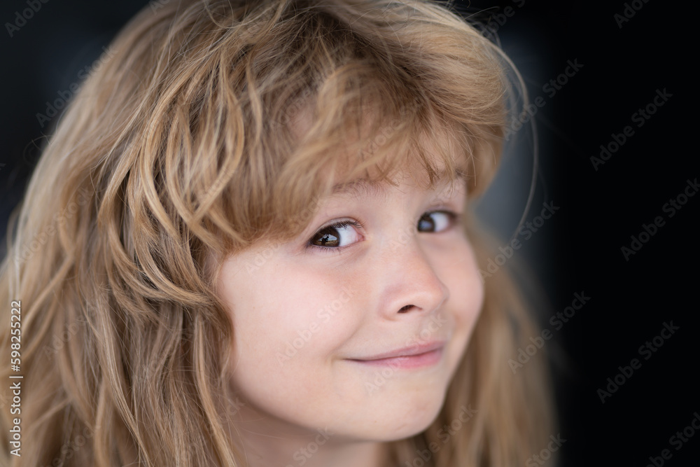 Portrait of funny blonde kid. Close-up face of cute child. Portrait of kid boy at home. Close up face of happy child alone. Portrait of funny blonde kid. Close-up face of cute child. Portrait of kid boy at home. Close up face of happy child alone.