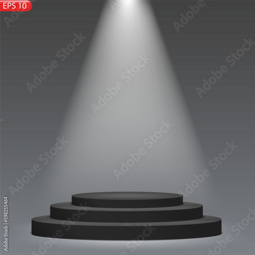 Golden podium chrismas with a spotlight and bokeh on a background, the first place, fame and popularity. Vector illustration.