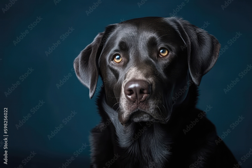 Black Labrador Retriever On Blue Background. Generative AI