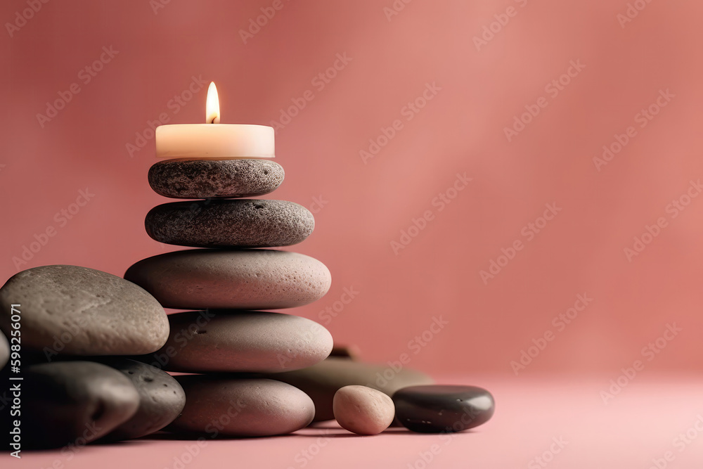 Zen Stones Stacked On Top Of Each Other Next To Beautiful Candle Standing On Light Pink Background Copy Space. Generative AI Zen Stones Stacked On Top Of Each Other Next To Beautiful Candle Standing On Light Pink Background Copy Space. Generative AI
