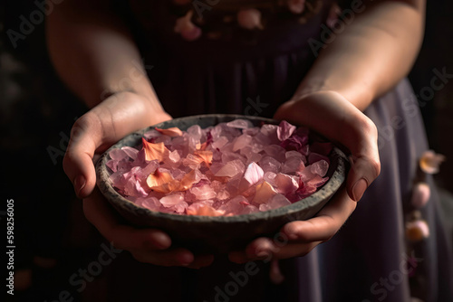 Hands Holding Flower Petal Shaped Bowl With Rocks. Generative AI