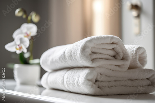 Fluffy White Towels Rolled Up On Spa Shelf. Generative AI