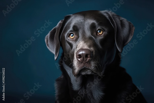 Black Labrador Retriever On Blue Background. Generative AI © Anastasiia