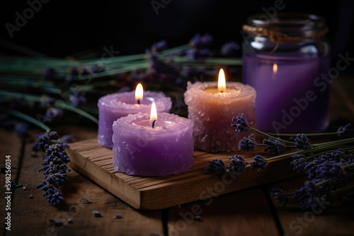 Soothing Lavender Oil And Candles On Wooden Surface. Generative AI