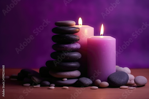 Zen Stones Stacked On Top Of Each Other Next To Beautiful Candles Standing On Violet Background Copy Space. Generative AI