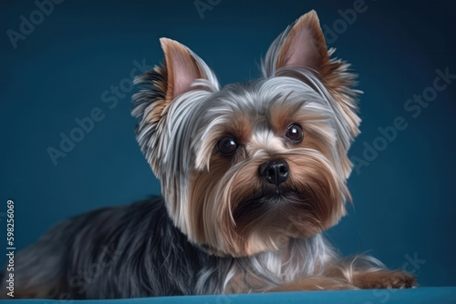 Yorkshire Terrier On Light Blue Background. Generative AI