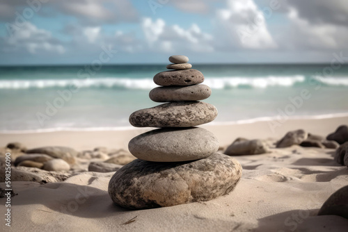 Zen Stones Stacked On Top Of Each Other Standing On White Sand. Generative AI