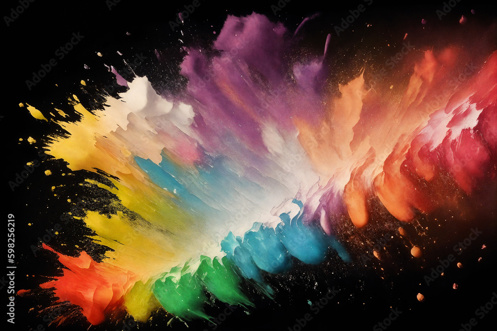 Bright and colorful splashes of watercolor from rainbow colors on a black plain background witn Generative AI technology