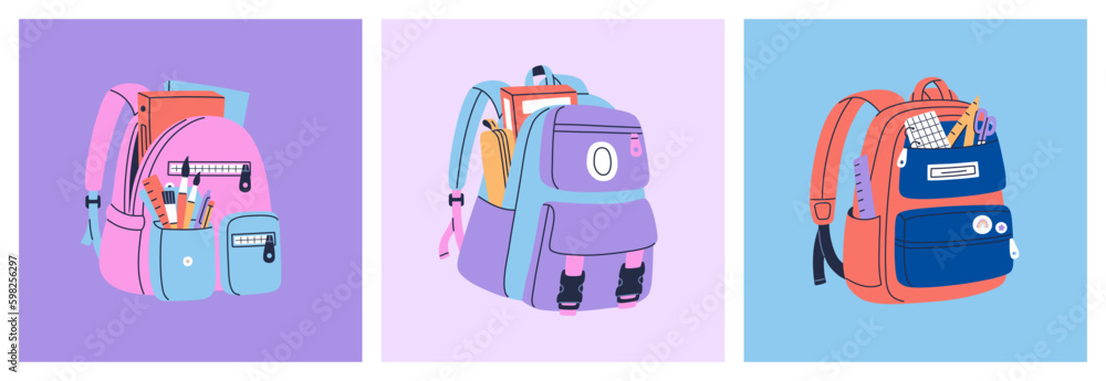 Set of three school backpack and schoolbag. Collection of children bags with stationery, textbooks. Hand drawn vector illustration isolated on colorful background. Modern trendy flat carto Set of three school backpack and schoolbag. Collection of children bags with stationery, textbooks. Hand drawn vector illustration isolated on colorful background. Modern trendy flat carto