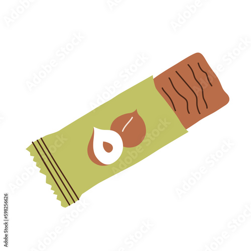 Healthy chocolate candy bar icon, vector doodle illustration of vegan nutritious snack, hazelnut dessert on the go, isolated colored clipart on white background