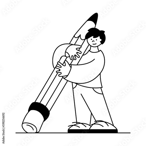 Vector black and white illustration in a flat style, a guy with a big pencil