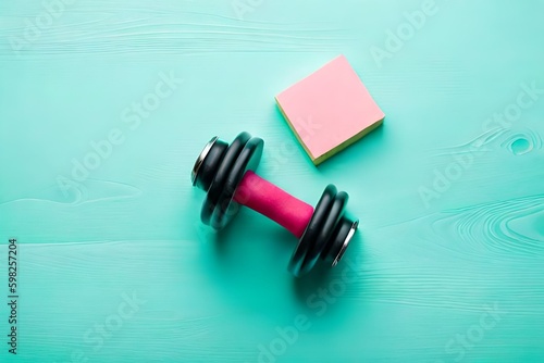 Diet planning concepts. Fitness dumbbell and sticky note on pastel spring background with copy space