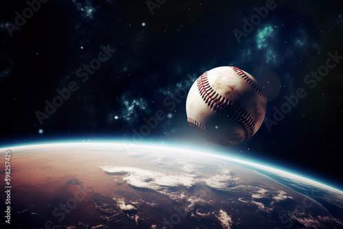 Baseball flying in space with the earth in the background (generative AI) 