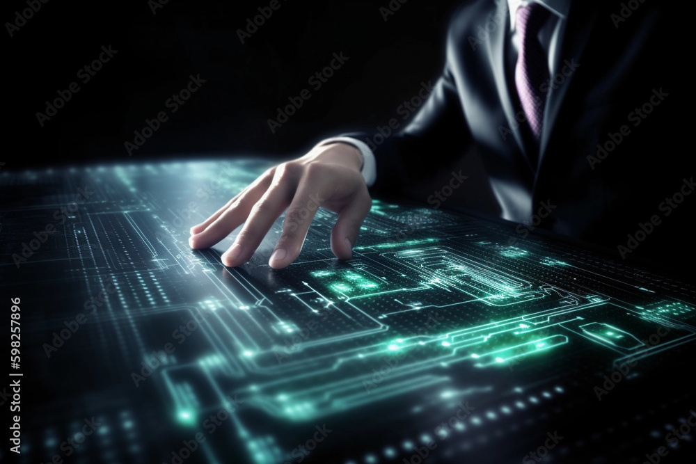 Fototapeta premium Efficient Virtual Operations, Businessman Typing on Virtual Keyboard made with Generative AI
