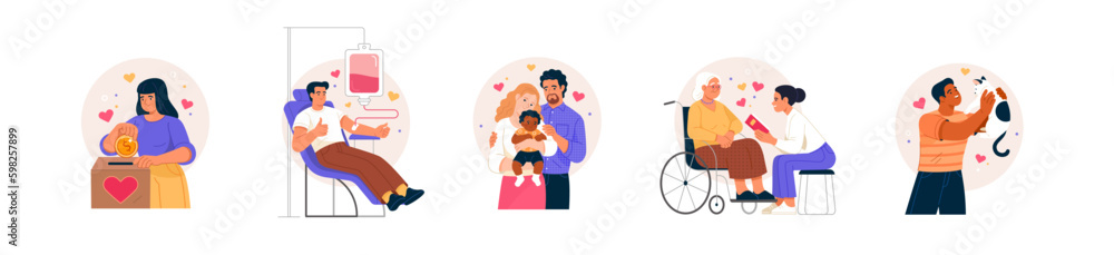 Volunteering and charity. Vector cartoon illustration in flat style with people making donations and showing other charitable activities: adoption, blood donation, helping the elderly - obrazy, fototapety, plakaty 