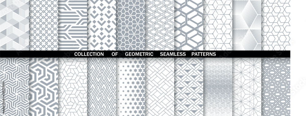 Geometric set of seamless gray and white patterns. Simpless vector graphics.