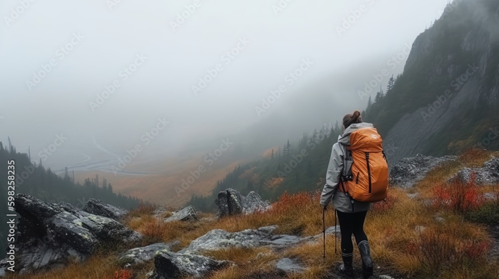 Woman with orange backpack hikind in a mountains. Generated ai. Woman with orange backpack hikind in a mountains. Generated ai.