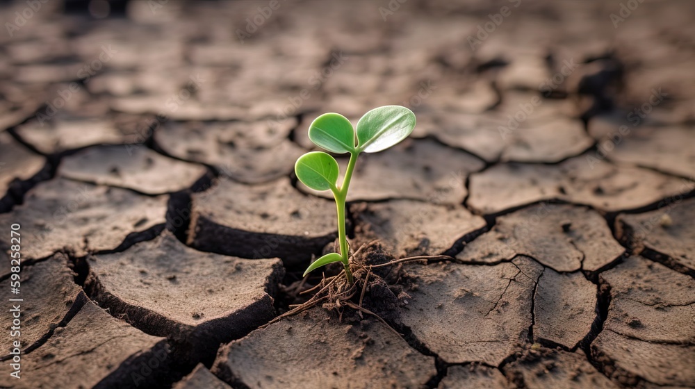 Young green plant rising up on a dry soil. Generated ai. Young green plant rising up on a dry soil. Generated ai.