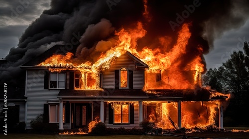 Country house buning in fire. Generated ai. photo