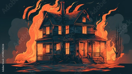 Illustration of a country house buning in fire. Cartoon style. Generated ai. photo