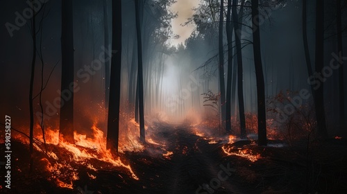 View on a forest road in fire and trees in smoke. Generated ai.