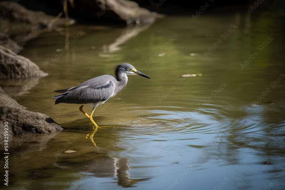 Obraz premium A bird standing in shallow water, hunting for fis