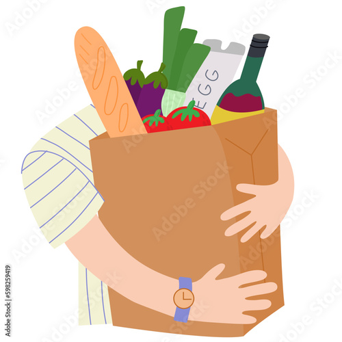 Paper bag with food. Shopping at the grocery store.Organic fruit, vegetables and supermarket products