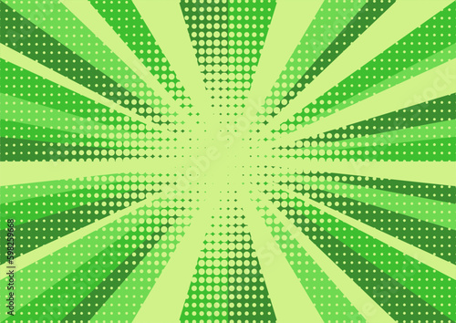 Sun rays retro vintage style on green background, Comic pattern with starburst and halftone. Cartoon retro sunburst